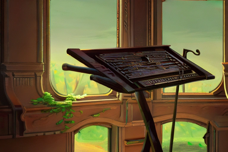 A music stand is an essential piece of art that: the buildings are made of wood and brown leather