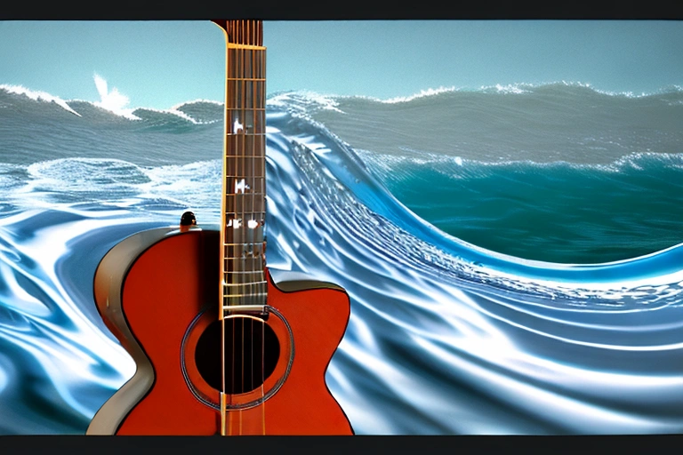 A picture of an acoustic guitar with deep ocean waves in the background