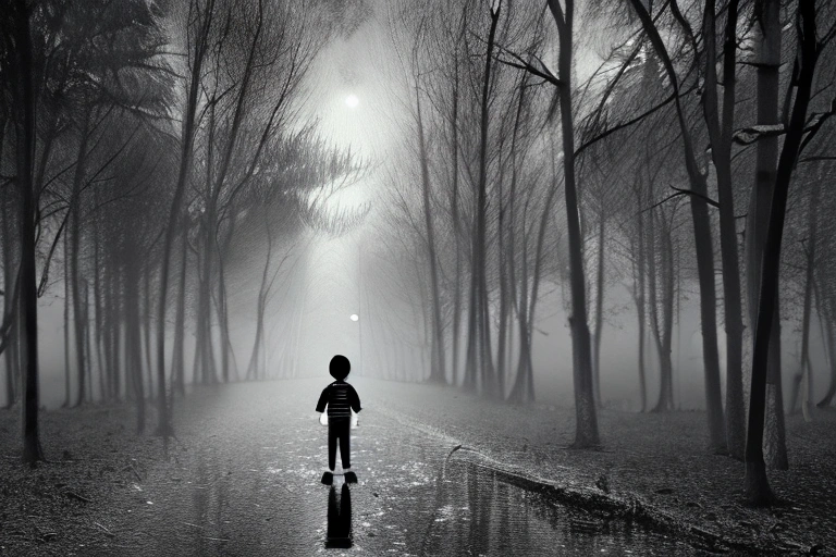 Picture: Black and white photograph of a black boy walking in the forest at night