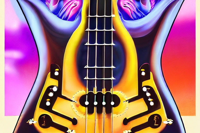 bass guitar poster. album cover art. symmetrical anatomy. beautiful detailed symmetrical face. symme