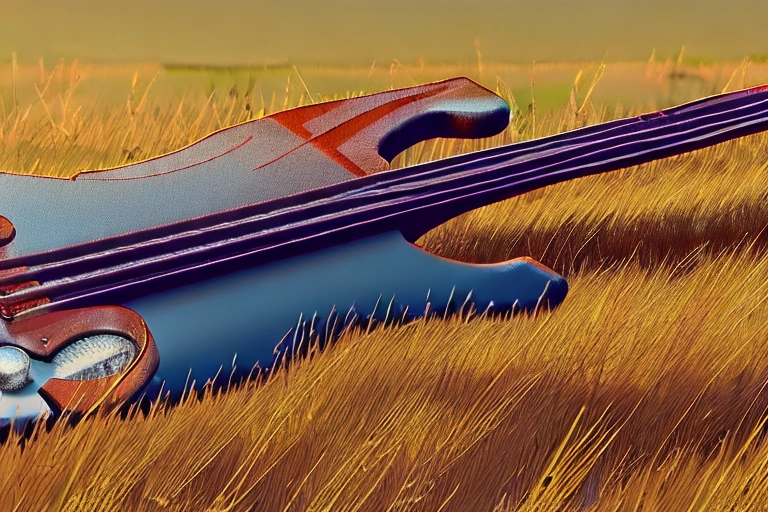bass guitar with nails in the middle of a small field in the style of the movie Ludwig