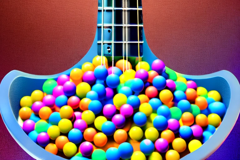 bass guitar with r on headstock cover art for a band with colorful ball pit around
