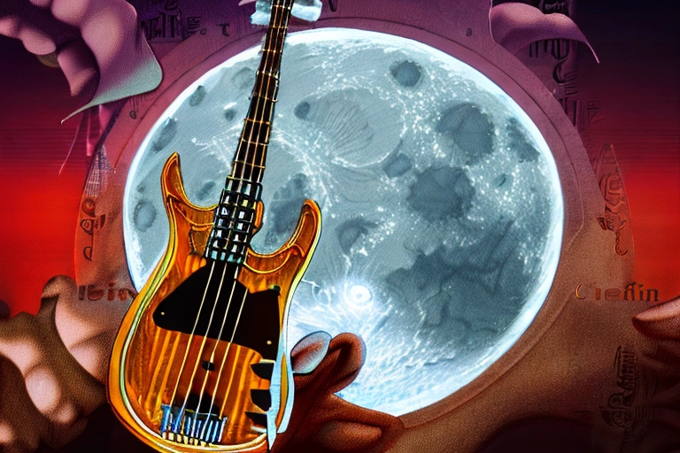 bass guitar with r on headstock logo and the moon on top of his hand by alan lee