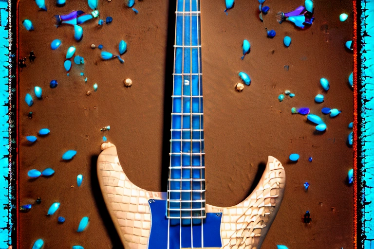 bass guitar with slim neck and blue hands