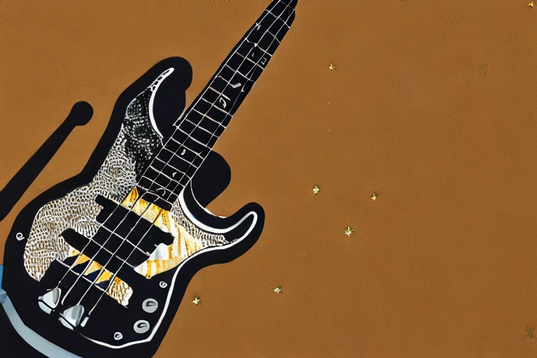 bass guitar with stickers in the middle of desert