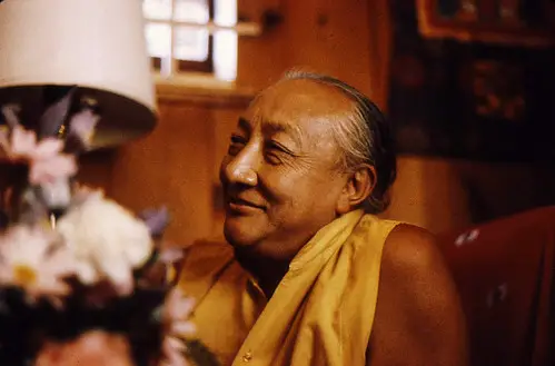 Dilgo Khyentse Rinpoche reflecting with a smile, at the Sakya Center , Seattle, W