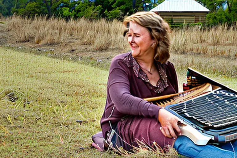 A woman playing an acoustic autoharp in a rural Southern setting.
