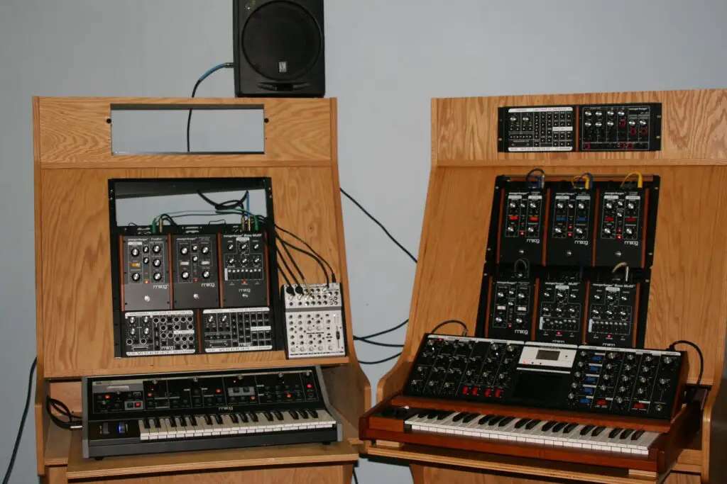 Moog Music products in 2007 - a desk with a keyboard, monitor, and monitor