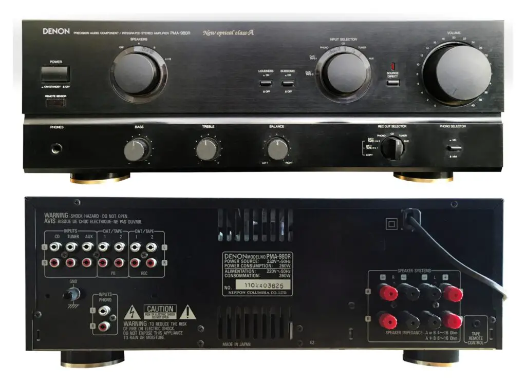 Front side and rear side of Hi-Fi audio amplifier Denon PMA-980R - a black amplifier amplifier ampli